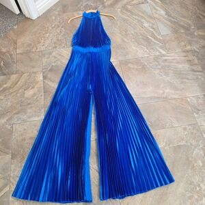 L'IDÉE Woman Renaissance Halter Pleated Jumpsuit Electric Blue Wide Leg Size 8